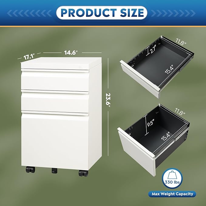 DEVAISE 3 Drawer Mobile File Cabinet with Lock Under Desk Metal Filing Cabinet for Home Office/Legal/Letter/A4 File Fully Assembled Except Wheels White