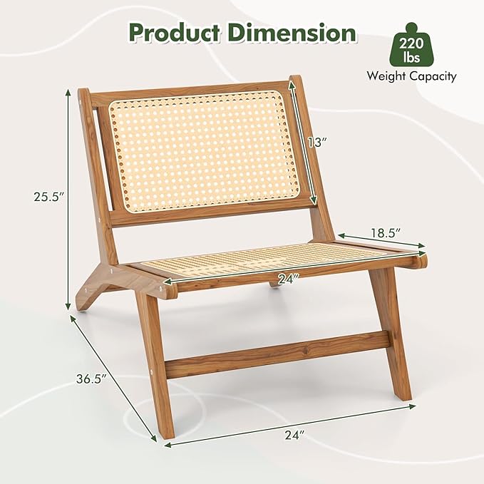 Tangkula Mid Century Modern Accent Chair with Ottoman Farmhouse Handwoven Rattan Living Room Chair with Teak Wooden Frame for Indoor Lazy Lounge Chair for Home Bedroom Office