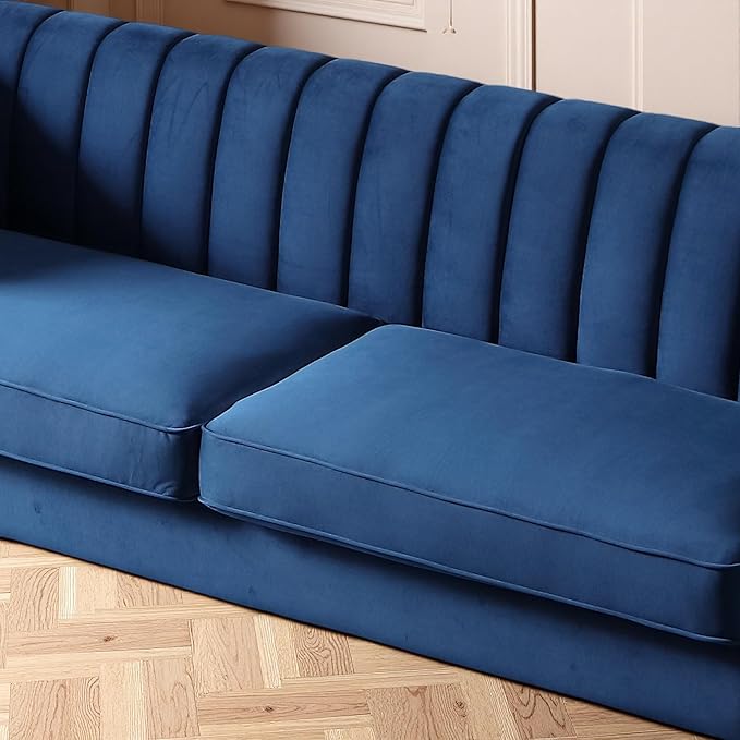 KEIKI 84 Velvet Sleek Channel-Tufted Sofa with Armrest and Back Cushions Modern Style Gold Accents 3-Seater Upholstery Couch with Solid Legs Easy Assembly for Living Room Bedroom Apartment Blue