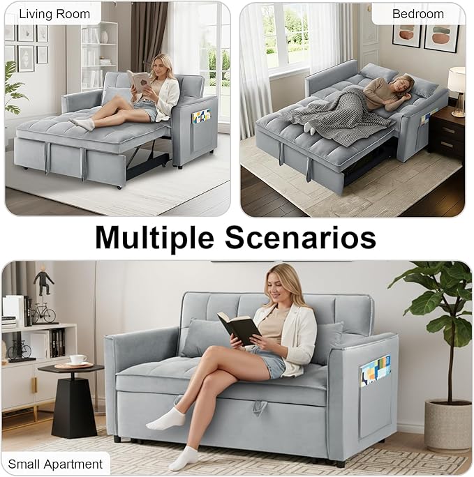 3 in 1 Convertible Sofa Bed Pull Out Couch with Adjustable Backrest Velvet Sleeper Sofa Loveseat with Pillows and Side Pockets for Living Room Bedroom Apartment Light Grey