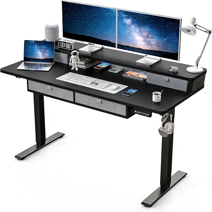Electric Standing Desk with 4 Drawers 55 x 24 Adjustable Height Computer Desk Ergonomic Sit Stand Desk for Home Office (Black)