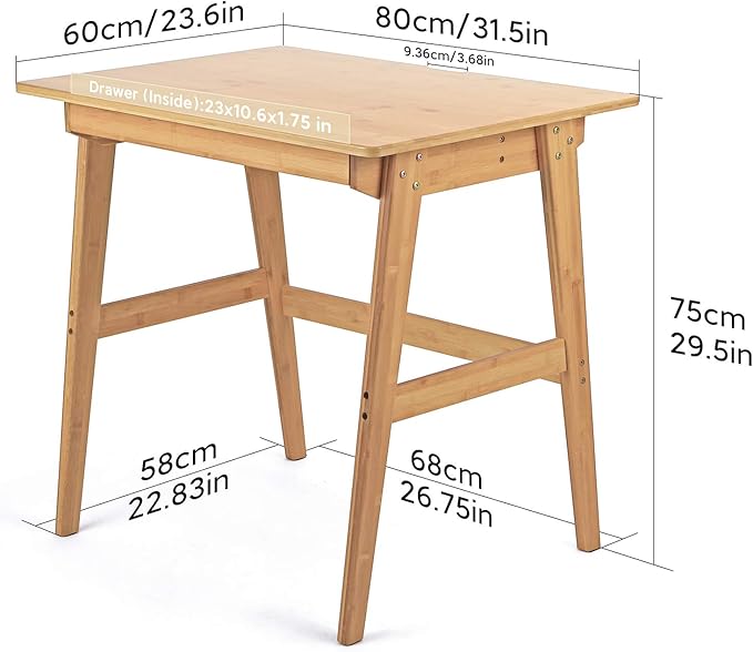 Nnewvante Writing Computer Desk 31.5 Bamboo Home Office Table with Large Drawer Modern Furniture Simple Study Makeup Workstation