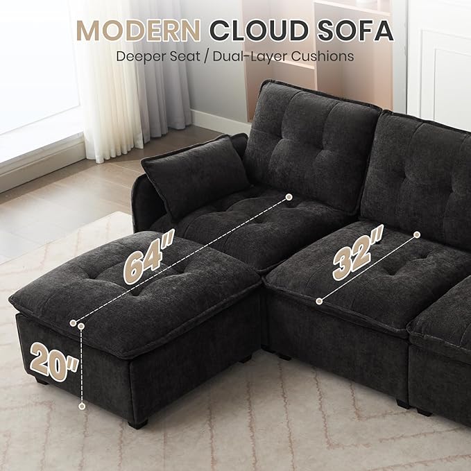 98'' Modular Sectional Cloud Couch with Movable Ottoman 3-Seater Chenille Deep Seat Sofa with Throw Pillows L Shaped Sectional Couches for Living Room Apartment(Black 3-seat)