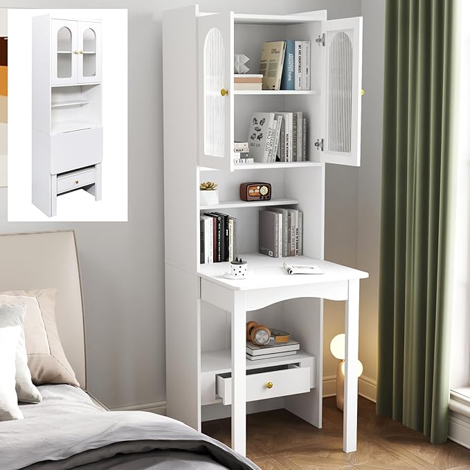 Convertible Fold Down Desk with Bookshelf &amp Drawer Multifunctional Murphy Desks with Storage Hideaway Fold Out Desk Cabinet for Small Spaces (White)