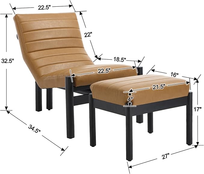 EALSON Modern Accent Chair with Ottoman Brown Leather Upholstered Seater with High Backs Unique Design Wood Frame Armless for Living Room/Bedroom Reading/Office Use