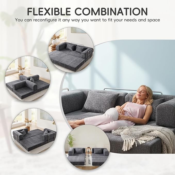 5-in-1 Convertible Folding Sofa Bed 79 Queen Chenille Boneless Couch with Removable Armrests No Assembly Loveseat Sleeper Sofa Modular Futon Couch for Living Room &amp Bedroom Dark Grey
