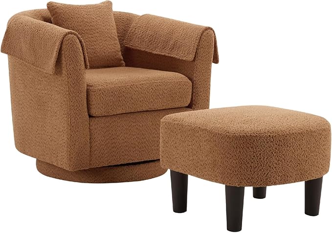 Swivel Accent Chair with Ottoman Modern Chenille Comfortable Bucket Chair with Removable Pillow Small Couch Barrel Armchair for Small Spaces Living Room Bedroom Office (Yellow)