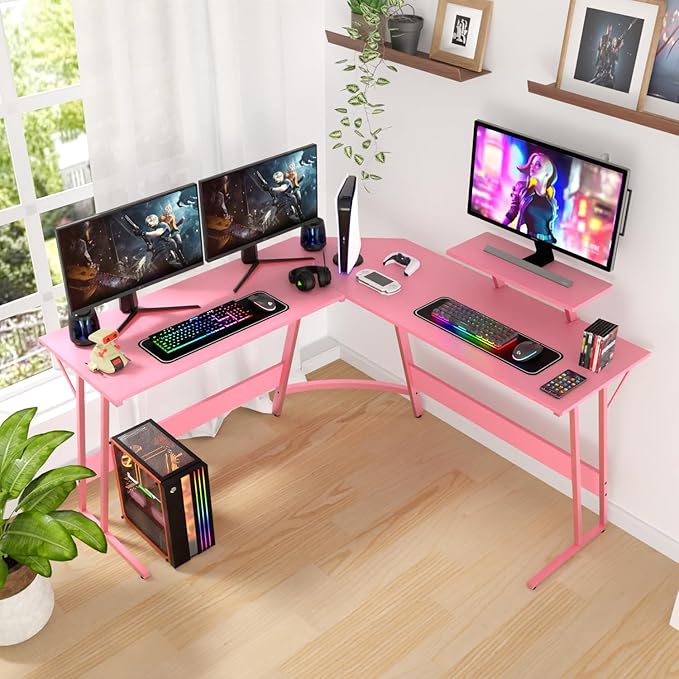 PayLessHere L Shaped Gaming Desk Corner Desk Computer Desk with Large Desktop Studying and Working and Gaming for Home and Work PlacePink