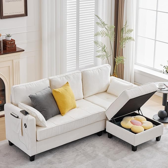 Small Sectional Couches with Storage 80 L Shaped Sectional Couch with Chaise &amp Ottoman Modular Corduroy Chenille Sofa with USB Ports&ampPocket for Living Room Apartment Office (Chenille White)