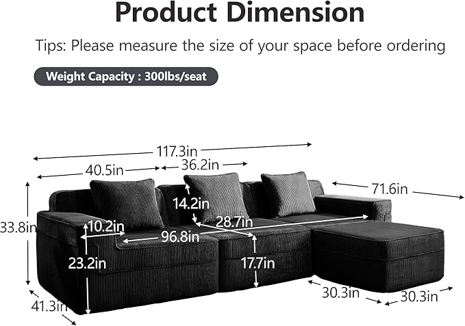 Boneless Couch117.3 No Assembly L Shaped Oversize Modular Sectional Cloud CouchSolid Foam Corduroy Sofa with Ottoman for Living Room (Black Corduroy3 Seats with Ottoman)