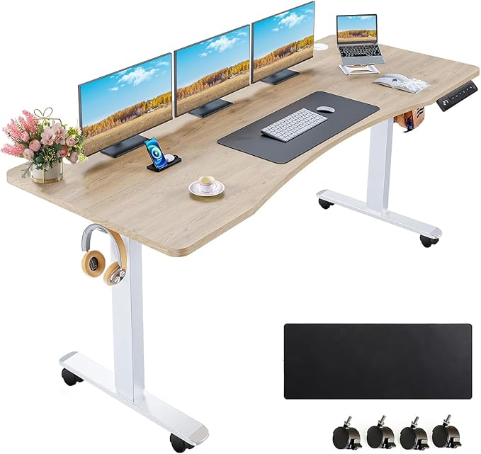 Electric Standing Desk 63 x 24 Inches Adjustable Height Ergonomic Curved Sit Stand Up Desk for Home Office Computer Desk Memory Preset with Wheels and White Frame/Oak Top