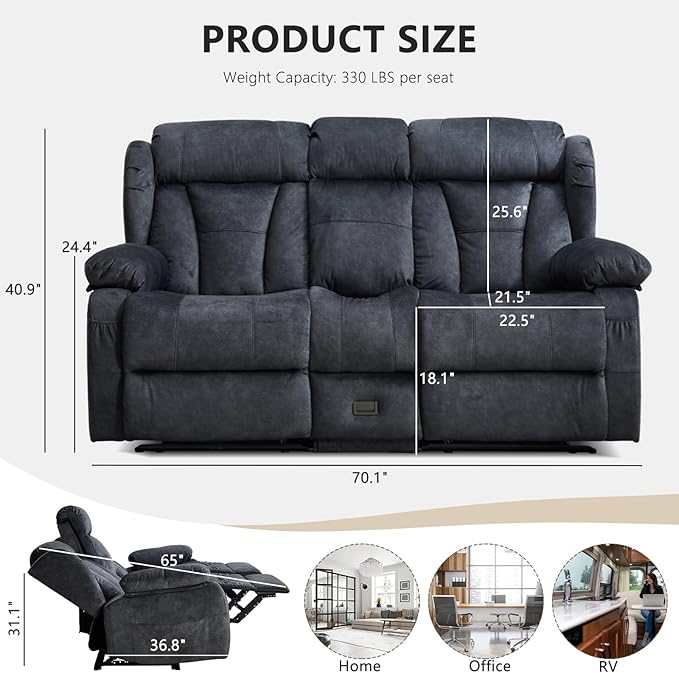 Loveseat Recliner Sofa Velvet Loveseat Reclining with Console for Living Room RV Recliner Couch with Cup Holder/AC/USB C/USB and Drawer Manual Reclining Love seat Couch (Gray)