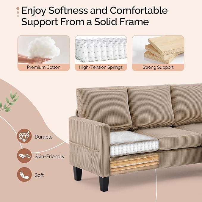 VINGLI 68.5' L Shaped Couch with Movable Storage Ottoman Convertible Sectional Sofa in Soft Corduroy Fabric Modern Reversible Chaise Couch for Small Spaces Apartment Living RoomKhaki