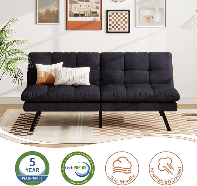 MUUEGM 68” Convertible Futon Sofa Bed Upholstered Small Futon Couches with Adjustable Backrest Loveseat Sleeper Bed for Compact Living Room Studio Office (Black)