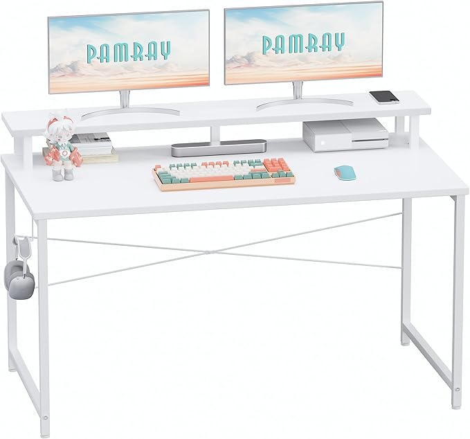 Pamray 47 Inch Small Computer Desk with Monitor Stand Simple Office Desk with Headphone Hook for Small Spaces Kids Study Writing Table for Bedroom White