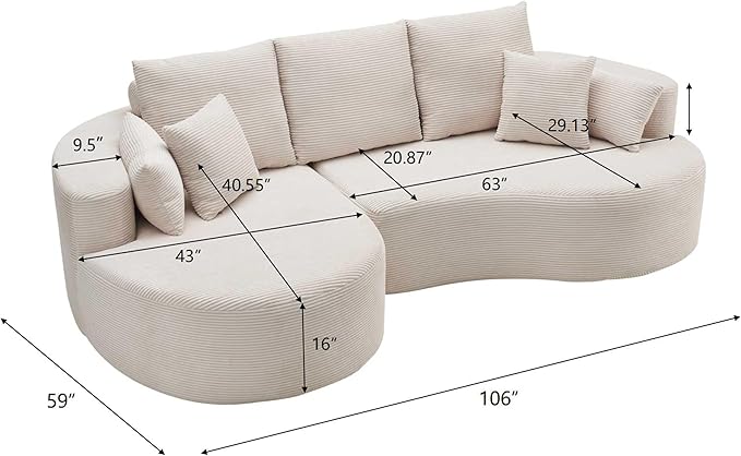 kevinplus 106'' Sectional Curved Sofa Sponge Couch with Chaise Lounge for Living Room L-Shape Modern Sectional Sofa Couch No Wood Structure &amp No Assembly 72 Hour Rebound Gray