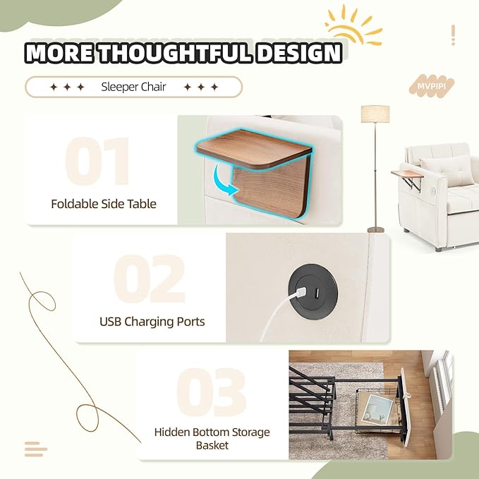 Convertible Sleeper Chair Bed for Adults 90 Extra Long Pull Out Chair Bed w/USB Port Foldable Table &amp Bottom Storage 4 in 1 Single Reclining Sleeper Sofa for Dorm/Bedroom Beige