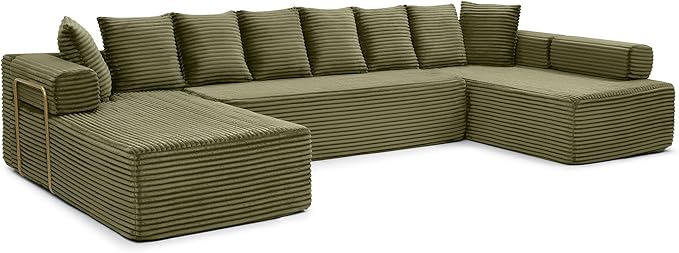 145 inch Modern Sectional Couch for Living Room Oversized Cloud Boneless Couch with Freely Movable Armrest and Fixed-Shape Frame Green Modular Sofa U Shape Couches | No Assembly Required Free Combi
