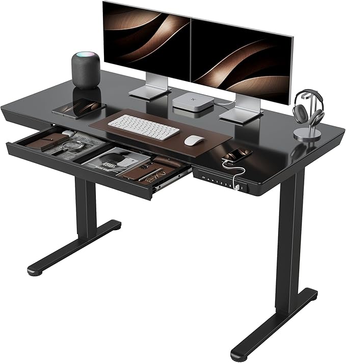 CubiCubi 48 × 24 Electric Standing Desk with Drawers Whole-Piece Glass Adjustable Height Desk One-Piece Quick Install Adjustable Sit Stand Desk Black