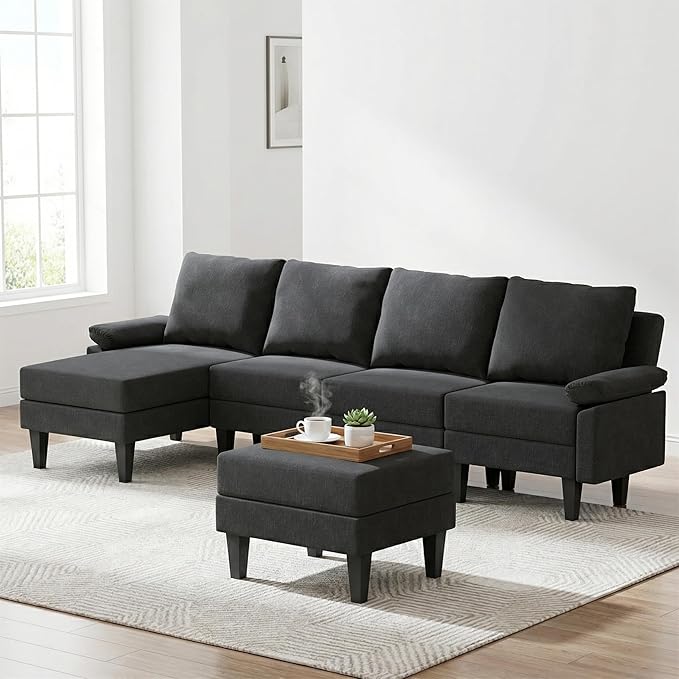 4-Seat U-Shaped Modular Sofa with Double Storage Ottoman - Space-Saving Convertible Lounge Couch for Home &amp Office Black