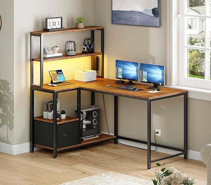 HOOBRO L Shaped Gaming Desk and Monitor Stand Bundle Desk with LED Light &amp Power Outlet Desk Shelf Organizer for Office DeskStudy BF18UDDN01-BB121CJ01