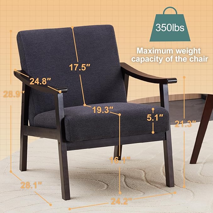 Mid-Century Modern Accent Chair Modern Armchair with High Back Upholstered Armchair with Solid Wood Legs Leisure Lounge Reading Chair for Living Room or Bedroom (Antique Black)