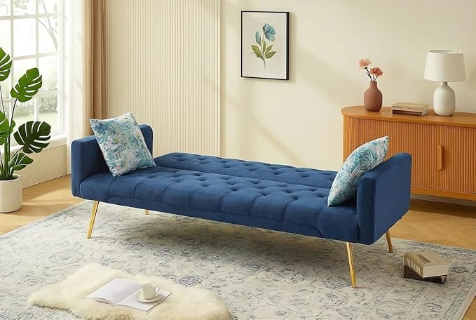 Futon Sofa Bed Convertible Futon Couch with Adjustable Backrest 68.31” Folding Sofa Bed with 2 Pillows &amp Metal Legs Sleeper Loveseat with Armrest for Home Office Blue