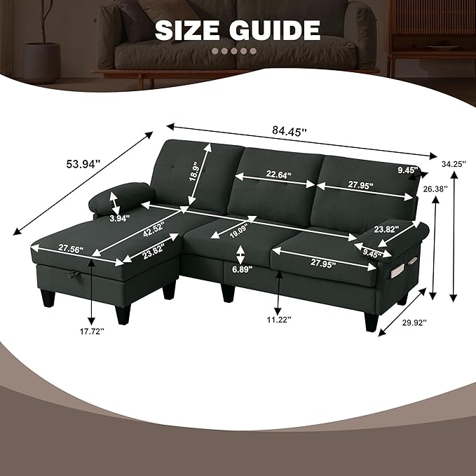 84 Convertible Sectional Sofa Modern Linen Fabric Small L Shaped Couch with Reversible Chaise 3-Seat Sofa Couches for Living Room Apartment and Small SpaceBlack