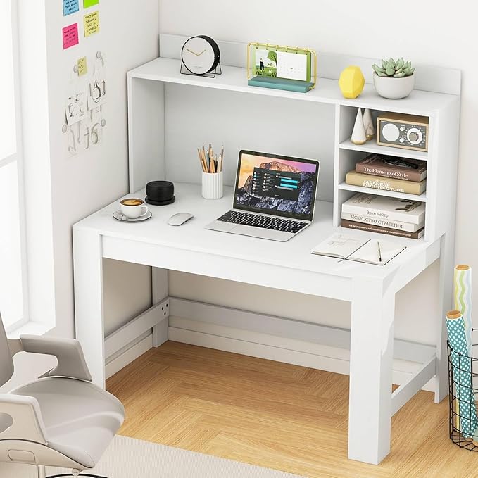 Tangkula 48“ Computer Desk with Hutch Home Office Writing Study Desk with Storage Shelves Cable Management Hole Laptop Desk Desk for Bedroom Computer Workstation (White)