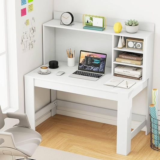 Tangkula 48“ Computer Desk with Hutch Home Office Writing Study Desk with Storage Shelves Cable Management Hole Laptop Desk Desk for Bedroom Computer Workstation (White)