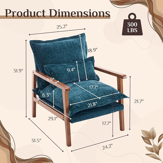 Karl home Midcentury Accent Chair for Living Room Chenille Upholstered Lounge Armchair with Lumbar Pillow Ruffle-Designed Cozy Reading Chair with Wood Legs Peacock Blue