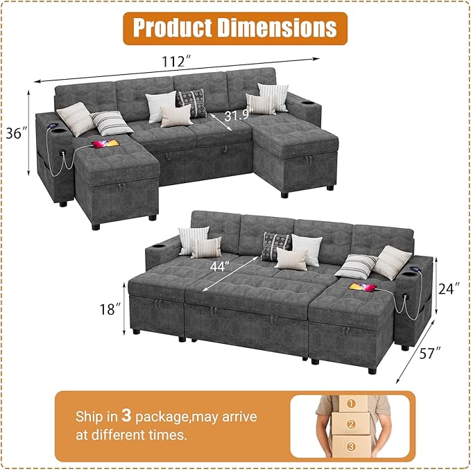 IDEALHOUSE U-Shaped Couches for Living Room Sofa Bed for Living Room with Reversible Storage Chaises and Hidden Storage Armrests Cup Holders and USB Charging Ports Included Dark Grey