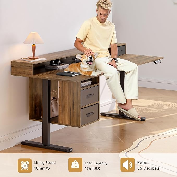 ONBRILL Standing Desk with Drawers 63x24 Inch Electric Stand Up Desk with 3 Drawers and Open Storage Shelf Adjustable Height 28-46 Inches for Home and Computer Workstation Walnut