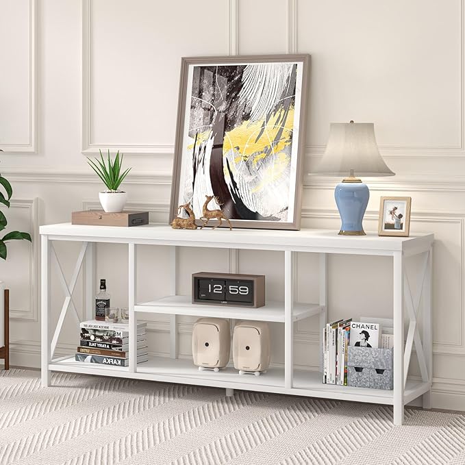 EXCEFUR 55 inch TV Stand for TV up to 65 inch Modern Media TV Console with Storage Shelves Entertainment Center for Living Room Bedroom White Oak