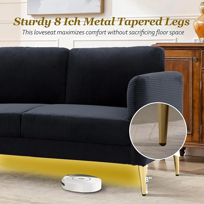 60 Black Modern Corduroy Loveseat Couch Plush Cloud Upholstered Cushions Mini Sofa 2-Seater Love Seat for Compact Small Space Living Room and Apartment Office Furniture Couche (60 Black)
