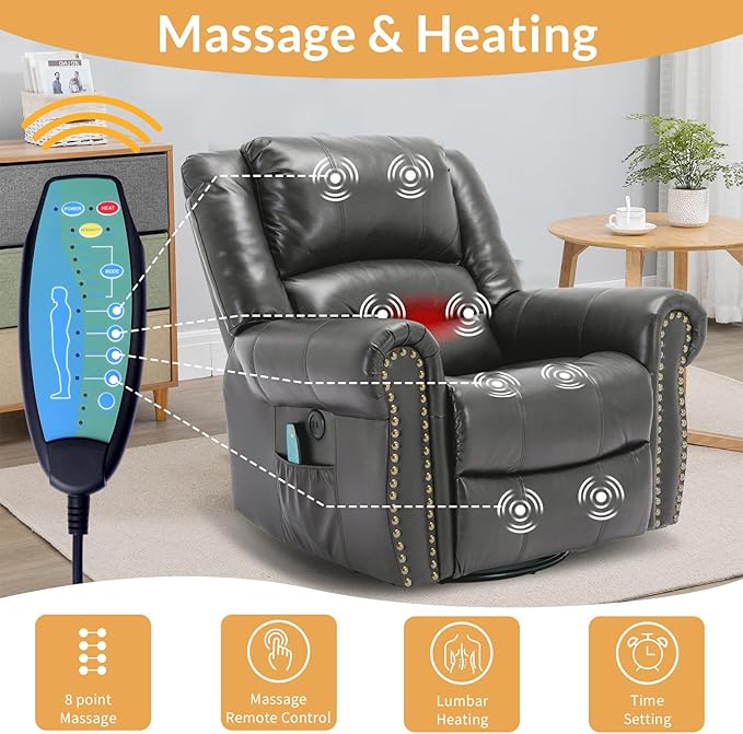 Manual Massage Recliner with Heating Function 360° Swivel Glider Rocking Recliner Chair for Living Room Ergonomic Single Sofa Chair with Remote Control/USB Ports/Side Pockets(Gray)