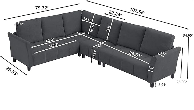 102 L Shape Sectional Couch6 Seat Convertible Modern Corner Sofa Sectional with Removable Covers for Living Room Dark Grey
