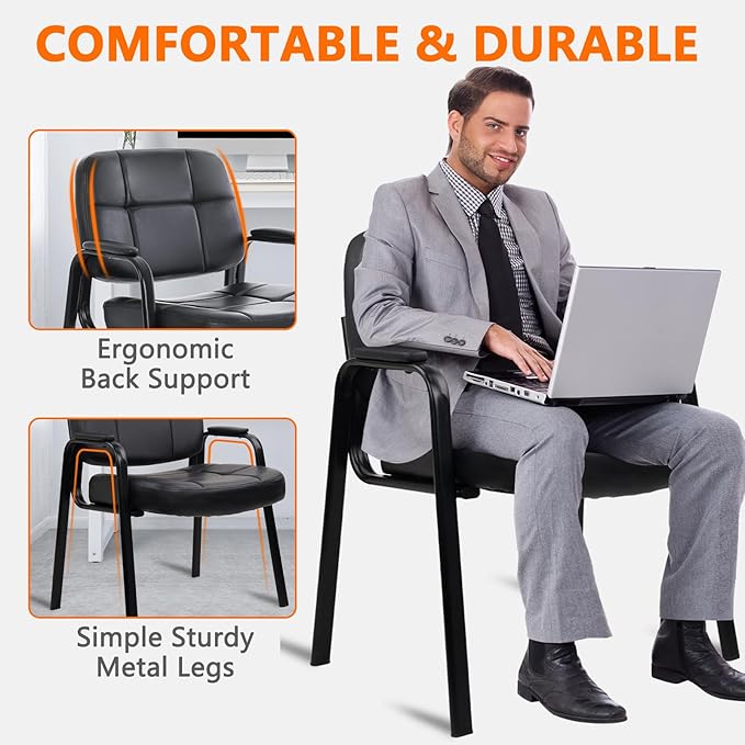 CLATINA Big &amp Tall 500 lbs Leather Office Reception Chair No Wheels with Padded Arms Waiting Room Guest Chair for Elderly Home Desk Conference Room Lobby Side Salon Clinic Black