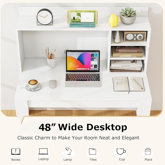 Tangkula 48“ Computer Desk with Hutch Home Office Writing Study Desk with Storage Shelves Cable Management Hole Laptop Desk Desk for Bedroom Computer Workstation (White)