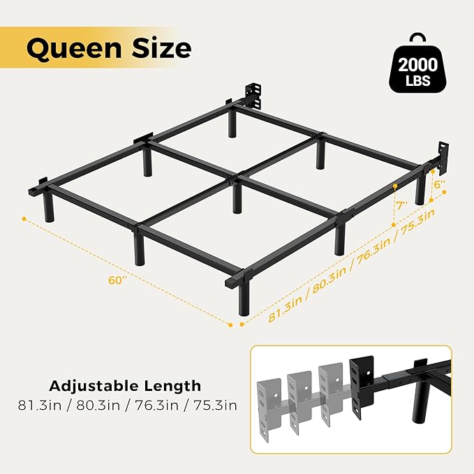 Queen Bed Frame 7 Inch Basics Metal Bed Frame Heavy Duty 9-Leg Base for Box Spring and Mattress Noise-Free Easy Assembly Black