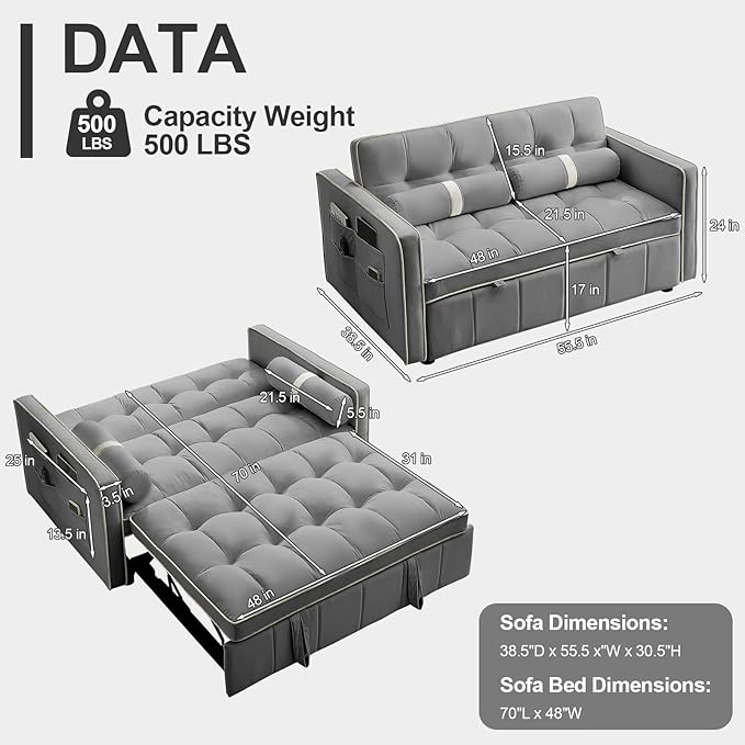 3-in-1 Convertible Sleeper Sofa Bed55.5 Modern Velvet Tufted Pull Out Couch BedFuton Small Love Seat Sofa with Adjustable Backrest&ampCylinder Pillows for Living RoomBedroomApartment(Grey)