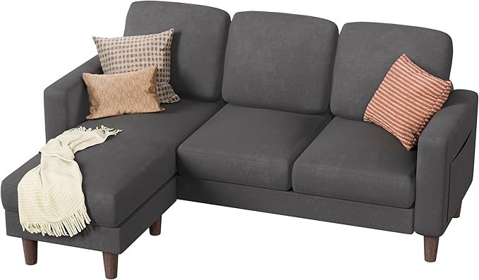 YESHOMY Couch for Living Room Small L-Shaped Couch with Convertible Chaise Comfy Sectional Sofa with Ottoman and Side Pockets for Small SpaceDark Grey