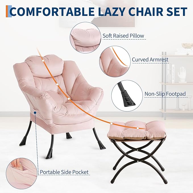 GarveeHome Lazy Chair with Ottoman Modern Lounge Accent Chair Leisure Sofa Armchair with Footrest Reading Armchair with Side Pocket for Living Room Bedroom Dorm &amp Office