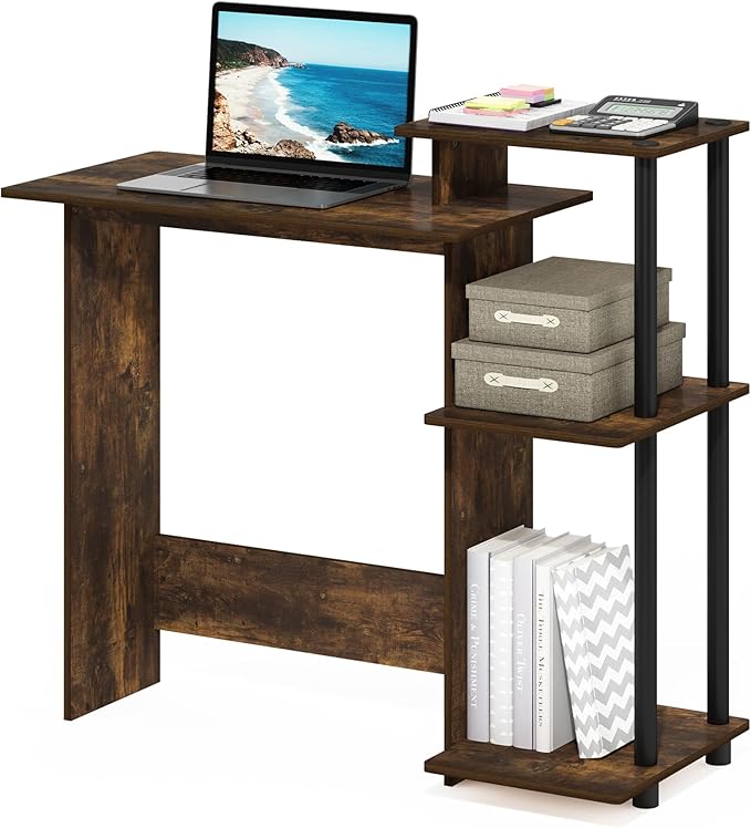 Furinno EFFICIENT Desk 28.6 Wide Gaming Desk with 3 Open Side Shelves Laptop Notebook Computer Desk Office Desk for Home Office Study Room Dorm Bedroom Amber Pine