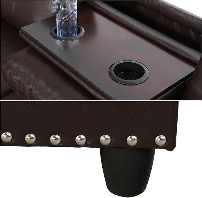L Shaped Sectional Sofa with Ottoman Leather Modern Couches Nail-Head Design with Cup Holder for Living RoomOffice Bedroom Brown