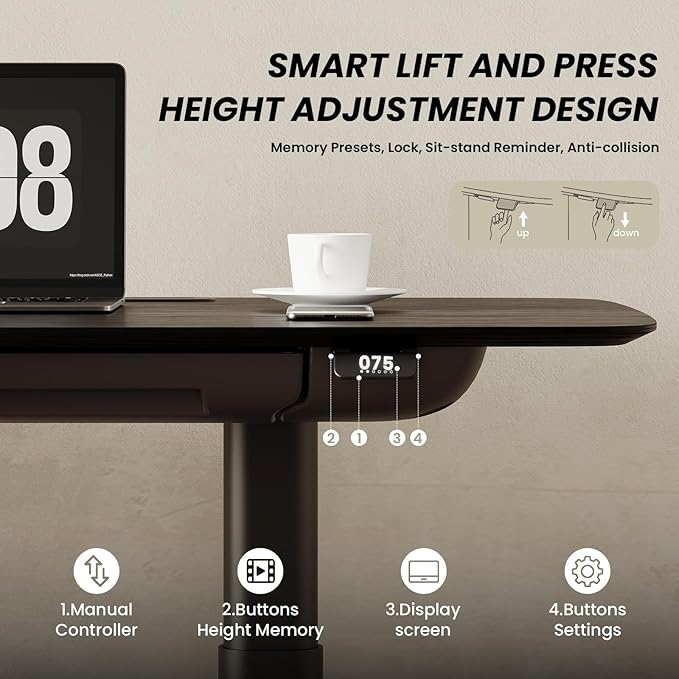 COLAMY Electric Adjustable Standing Desk – 48 x 28 Inch Sit Stand Desk with Drawer &amp Cable Management Dual Motor Lift System Ergonomic Footrest Home Office Table (Veneer Desktop Black Oak + Bl