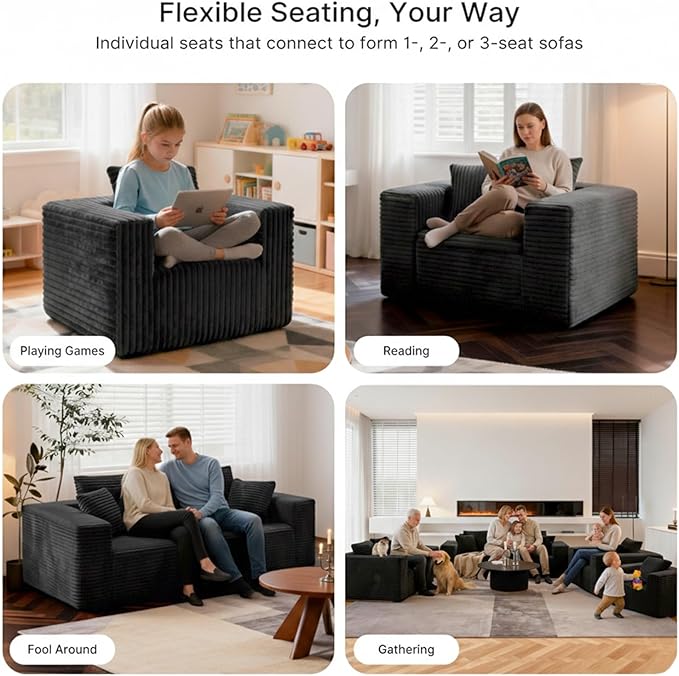 Single Cloud Sofa High Backrest Wider Armrest Memory Foam Boneless Couch Comfy Faux Fur Pillowed Single Seater No Assembly for Small Spaces Bedroom Dorm Office（Dark Gray）
