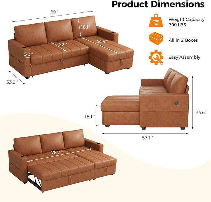 Fadware 89” L Shape Sofa Sleeper Sectional Sofa Bed with Hidden Storage&amp Side Pocket Anti-scratch Faux Leather Couch Bed with ChargePort&amp CupHolder Modern Piano Design Pull Out Couch for Li