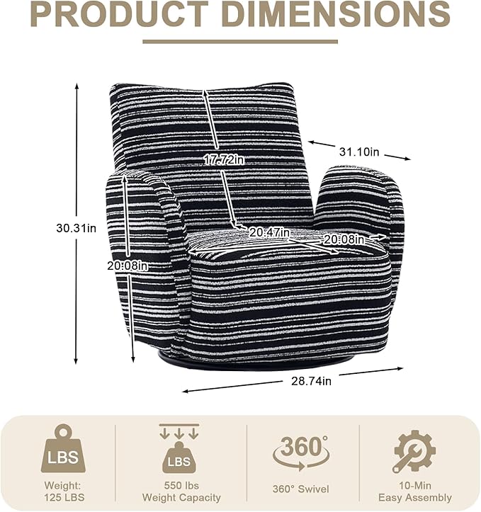 360° Swivel Accent Chair with Armrest Modern Striped Upholstered Lounge Chair Stable Round Base &amp Sturdy Metal Frame Armchair for Bedroom Living Room Office &amp Vanity (Black)