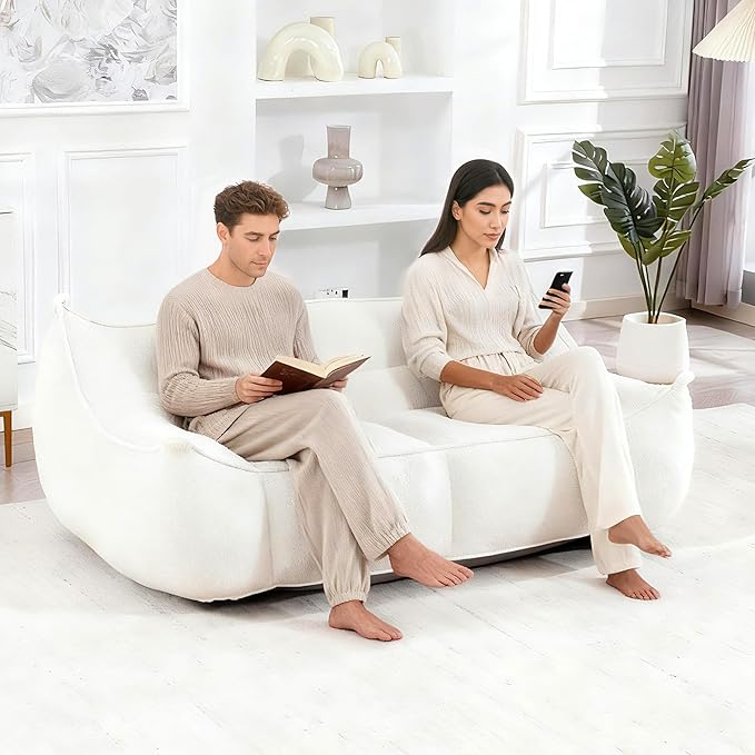 Ergonomic Bean Bag Chair - Premium Faux Fur Sofa with High-Density Foam Core Multi-Scene Comfort Seating for Living Room/Bedroom/Apartment Beige/White (2 Seat)